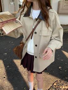 SHEIN K-Vae 女士撞色翻领单排扣时尚百搭秋冬风衣 - 卡其色 - 查看 3