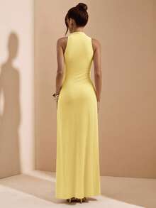 SHEIN BAE 杏色无袖紧身连衣裙，性感优雅的波西米亚风沙滩长裙，适合夏季穿着 - 黃色 - 查看 2