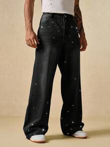 ROMWE MEN Street Life 宽松直筒舒适水钻装饰休闲男士牛仔裤 - 黑色 - 查看 3