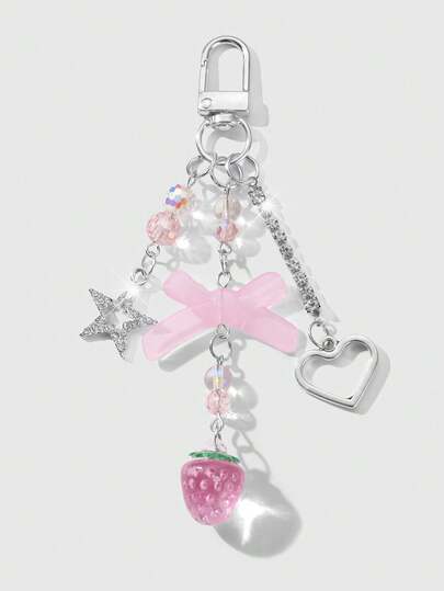 Kawaii 1 Stück Ins-Stil zarter minimalistischer Cut Out Stern Schleife Kunstperlen Erdbeere Harz Schlüsselanhänger, vielseitig für Mädchen Damen Alltag, ideales Geschenk