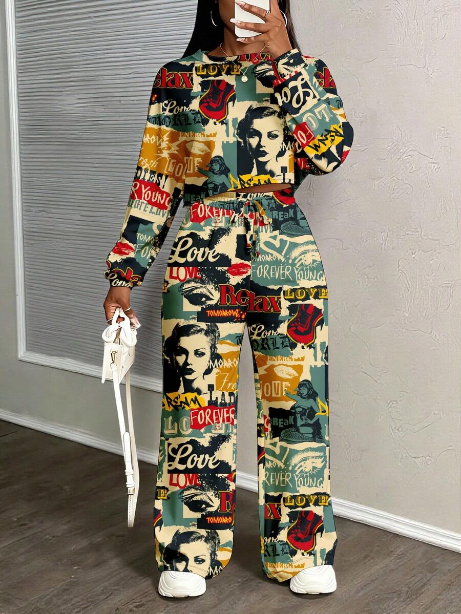 Slaydiva Bộ đồ thể thao 2 món phong cách đường phố retro thường ngày cỡ lớn dành cho nữ, phù hợp cho mùa thu/đông, họa tiết thời trang đường phố - Nhiều màu - Xem 1