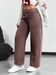 SHEIN Tall 女士口袋设计阔腿宽松休闲牛仔裤 - 棕色 - 查看 4