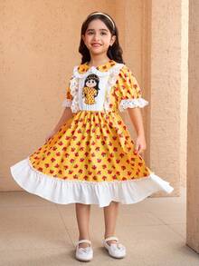 Young Girl Elegant Floral Rose Print Half Sleeve Collar Dress, Lace Trim, Suitable For Vacation, Casual Outing, Holiday Party, Spring/Summer, Young Girls Dresses For Girls Yellow - Yellow - View 2