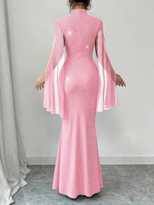 Rafferiza 女士高领亮片网纱开衩披肩式长袖收腰鱼尾下摆连衣裙长裙套装 - 粉色 - 查看 2