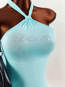 Amplova 2022新款水钻装饰无肩带无袖迷你连衣裙，街头风女装 - 藍色 - 查看 5