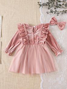 SHEIN Toddler Girls' Elegant Bow Decor Mesh Party Dress - Pink - View 3