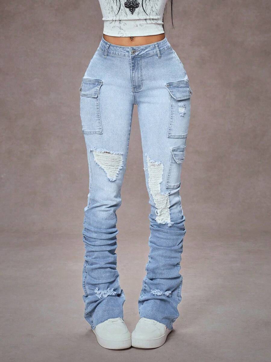 SHEIN Tall 高个子弹力做旧工装口袋水洗牛仔裤 - 淺色水洗藍 - 查看 1