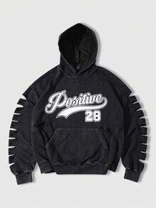 ROMWE MEN Men's Casual Letter Print Distressed Hoodie - Black - View 1