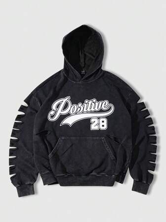 sweat-shirt à capuche décontracté pour hommes avec imprimé lettres et effet délavé