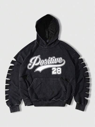 Felpa con cappuccio casual da uomo con stampa di lettere e effetto vissuto