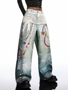 LYSMO 2026 New Arrive Minimalism Spring/Summer Women's Chain Fun Patterns Pocket Wide Leg Loose Casual Jeans/ Summer Clothes / Spring Break Outfits / Valentine Outfits For Women /Valentine's Day / Valentine Clothes /Holiday Outfits For Women / Graphic Jeans /Birthday Outfits For Women / Y2k Jeans /Y2k Clothes / Y2k Women/2000s Style - Blue - View 3