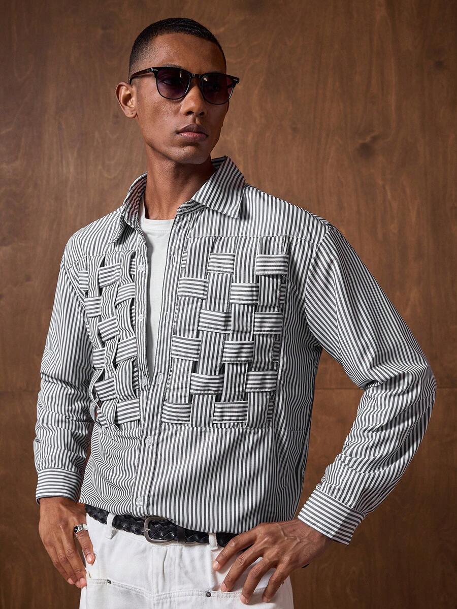 AKNOTIC Business Casual 男士长袖单排扣休闲条纹衬衫