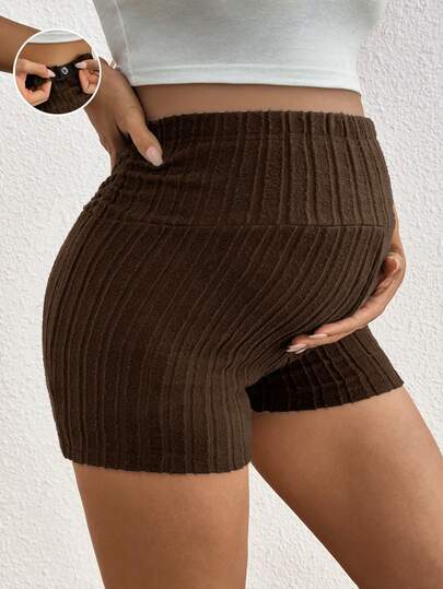 SHEIN 孕妇纯色可调节腰围休闲罗纹短裤