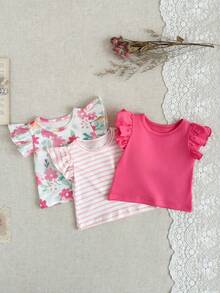 SHEIN Playful Pals Bộ 3 áo thun cổ tròn họa tiết hoa và sọc dễ thương cho bé gái, thoải mái và mềm mại, thích hợp cho các buổi đi chơi mùa xuân/hè và ở nhà, có thể dùng làm quà tặng - Nhiều màu - Xem 4