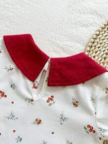 2pcs Baby Girls' Comfortable Casual Red Collar Cute Print Long Sleeve Top And Matching Red Suspender Skirt Dress Set, Versatile Countryside Style, Suitable For Spring/Autumn, Daily Wear, Home, Outdoor, Travel, School