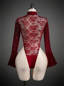 SHEIN ICON Lace Sheer Square Neck Criss-Cross Tie Flare Sleeve Women Bodysuit - Burgundy - View 9