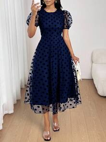SHEIN Lady Đầm midi chấm bi cổ tròn tay bồng eo cho nữ, thời trang và thanh lịch - Màu xanh hải quân - Xem 8