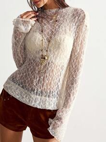Bohemela Women's Casual Solid Color Knit Lace Blouse - Light Yellow - View 6