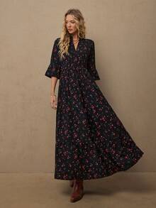 Freevana 女士度假黑色碎花衬衫裙，宽松七分袖连衣裙，休闲秋冬连衣裙