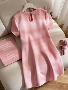 SHEIN Tween Girls' Pink Short Sleeve Loose A-Line Dress With Bow Design, Elegant For Commuting Elegant Pink Bow Girls Dress - Pink - View 2