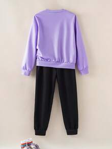 Mr Men Little Miss X SHEIN Tween Girl Casual Cute Cartoon & Letter Graphic Crew Neck Sweatshirt And Pants Set, Autumn - Multicolor - View 2