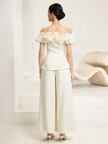 Heiryn 女士时尚优雅不对称肩部上衣和裤子两件套 - 杏色 - 查看 2