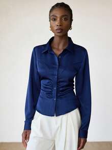 Aveloria Modichic Satin Textured Fabric, Tie-Back Waist Decor, Fashionable Lapel Collar Long Sleeve Shirt - Navy Blue - View 3
