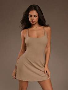 SHEIN ICON Rochie mini sexy casual pentru femei, culoare solidă, fără spate, cu mânecă lungă, ținută de birou de vară - Kaki - Vizualizare 7