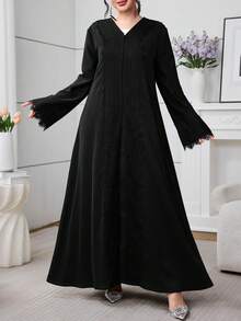 Al Najma 女士宽松休闲蕾丝边长袍，日常穿着 - 黑色 - 查看 6