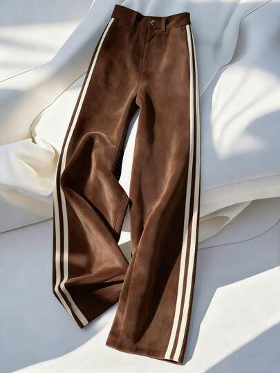Franclia 女士时尚休闲优雅仿麂皮棕色撞色滚边阔腿裤，秋冬款