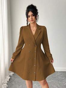 Elenzga Đầm Blazer cổ bẻ tay dài thanh lịch hai hàng khuy cỡ lớn cho nữ - Màu nâu  Mocha - Xem 7
