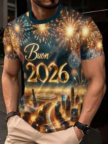 Manfinity Homme Áo thun nam tay ngắn in hình pháo hoa mừng năm mới và phong cảnh thành phố về đêm - Nhiều màu - Xem 1