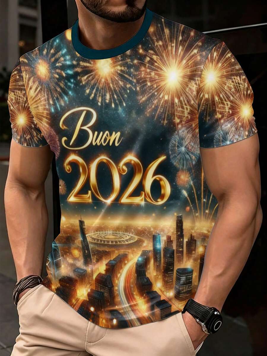 Manfinity Homme Áo thun nam tay ngắn in hình pháo hoa mừng năm mới và phong cảnh thành phố về đêm - Nhiều màu - Xem 1