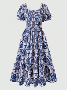 SHEIN ChillGRL Streecool 少女编织中国风印花短袖收腰A字休闲连衣裙，饰有3D蝴蝶结，适合春夏日常休闲穿着 - 彩色 - 查看 8