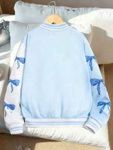 Sparklyn Tween Girls' Casual Fashion Bowknot Cartoon Print Contrast Color Baseball Jacket, Spring/Autumn