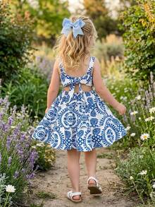 Emery Rose Kids Emery Rose Kids Young Girl Blue Totem Print Detachable Bow Decor Dress, Fashionable Design Suitable For Outdoor Vacation Blue And White Floral Dress Girls Open Back Dress For Kids Twirl Dress Girls Tween Blue And White Dress