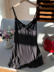 Comfortcana 女士撞色蕾丝蝴蝶结装饰波点印花吊带迷你连衣裙 - 黑色 - 查看 5