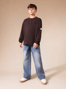 SUMWON Tween Boy Oversized Waffle Knit Long Sleeve Henley Button Placket Casual Top Ribbed Texture Fall Winter Everyday Wear Comfortable Fit School Basic Wardrobe Essential