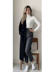 Conjunto Sexy Mujer Premium 4 Piezas Suéter Cuello Alto Acanalado Pantalón Vestir Cinturón Integrado Abrigo Largo Estilo Clásico Blusa Punto Cuello Alto Pantalón Sexy Ajustable Saco Largo Dama Premium - negro - Ver 1