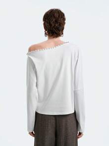 SHEIN LUNE Women's Elegant Beaded Asymmetric Collar Blouse, Autumn - White - View 3