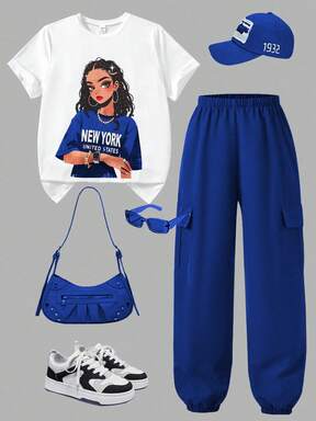 SHEIN ChillGRL 两件套少女休闲卡通印花圆领短袖T恤上衣搭配宽松工装口袋裤套装，时尚百搭，适合日常和户外穿着，军绿色