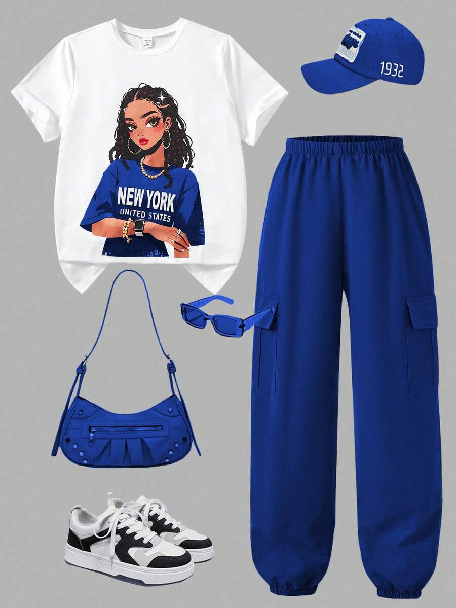 SHEIN ChillGRL Conjunto de 2 piezas de camiseta de manga corta con cuello redondo y estampado gráfico de personajes, y pantalones cargo de ajuste holgado con bolsillo, informal para adolescentes, verde militar, adecuado para uso diario y al aire libre - azul real - Ver 1