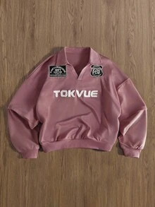 TOKVUE Sudadera holgada de manga larga con cuello vuelto y bordado de letras para hombre - Rojo - Ver 6