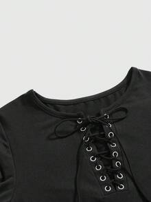 ROMWE Grunge Punk Y2K Sexy Lace-Up Fitted Women T-Shirt - Black - View 3