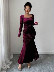 Elenzga 女士高领丝绒金色弹力针织修身连衣裙，优雅法式褶皱腰身鱼尾裙摆，适合工作、约会和正式场合，长袖，秋冬款 - 中紫紅色 - 查看 4