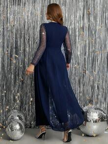 Ellevyn Plus Size Women's Sequin Mesh Patchwork Long Sleeve Waist Rhinestone Decor Elegant Jumpsuit - Navy Blue - View 2