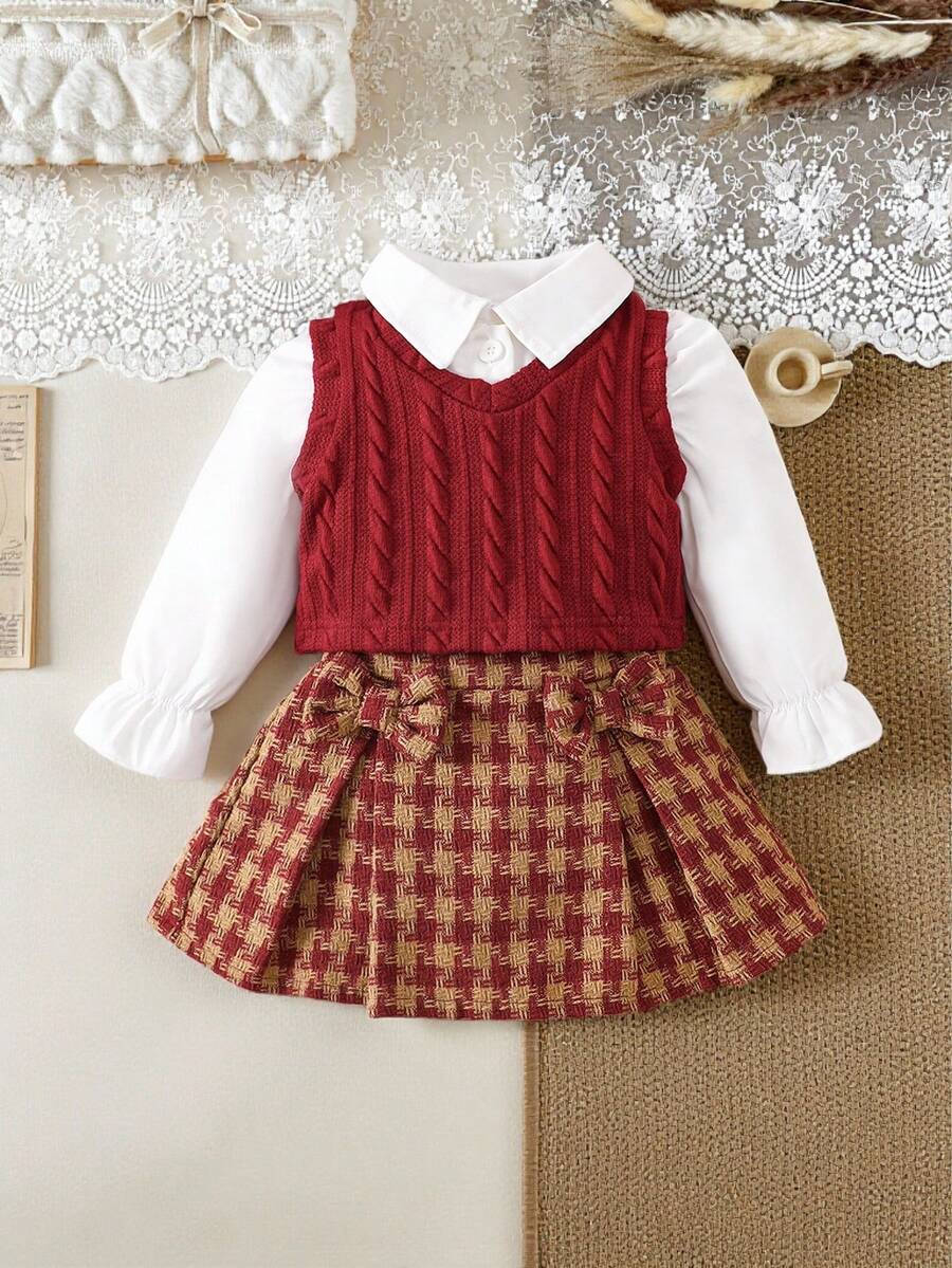 SHEIN 女婴纯色长袖衬衫、圆领背心和蝴蝶结装饰百褶千鸟格半身休闲套装 - 紅色 - 查看 1