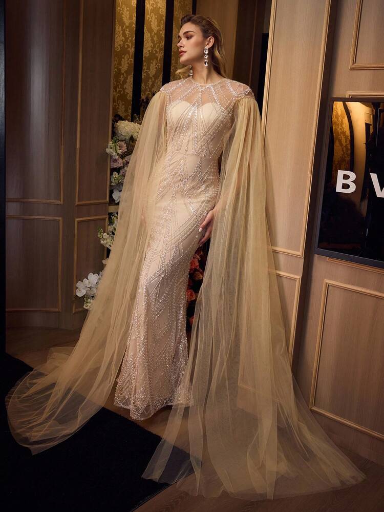 MOTF Soiréza ELEGANT ULTRA-LONG TULLE SLEEVE ROUND NECK FLOOR-LENGTH MERMAID EVENING GOWN – SHEER FRONT & BACK DESIGN DRESS WITH SPARKLY BEADED FABRIC ACCENTS, FITTED SILHOUETTE FOR WEDDINGS, GALAS & SPECIAL OCCASIONS FOR WOMEN