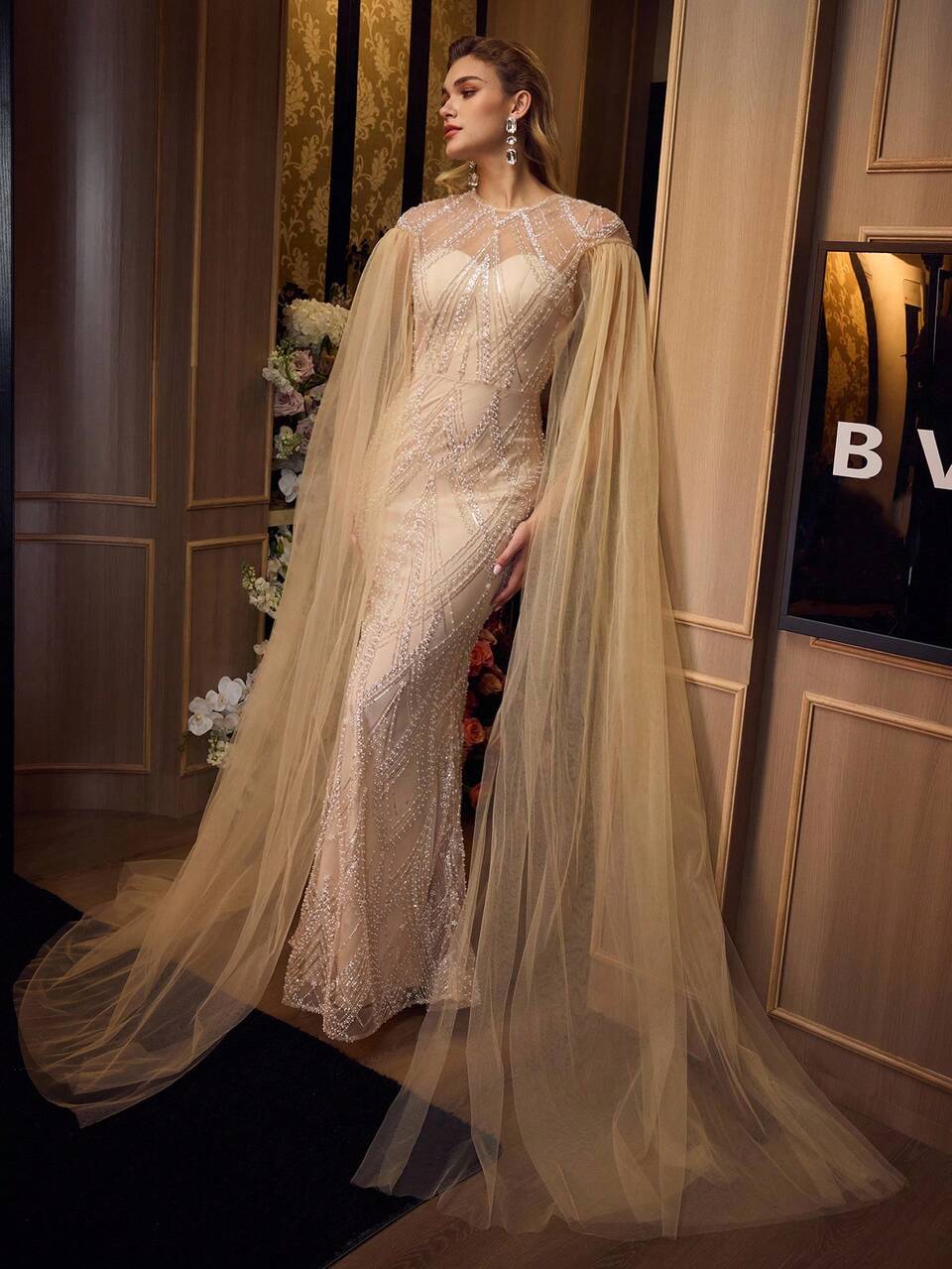 MOTF Soiréza ELEGANT ULTRA-LONG TULLE SLEEVE ROUND NECK FLOOR-LENGTH MERMAID EVENING GOWN – SHEER FRONT & BACK DESIGN DRESS WITH SPARKLY ACCENTS