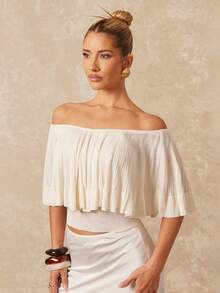 Lumalex 女士优雅露肩荷叶边修身毛衣，夏季 - 杏色 - 查看 5